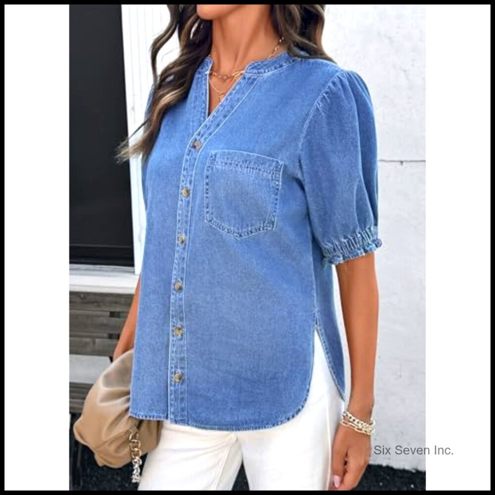 Denim Shirt Button Down Casual Short Sleeve V Neck Blouse - Picture 6 of 7